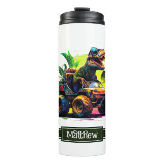 White T-Rex Riding Monster Truck Dinosaur Name Thermal Tumbler