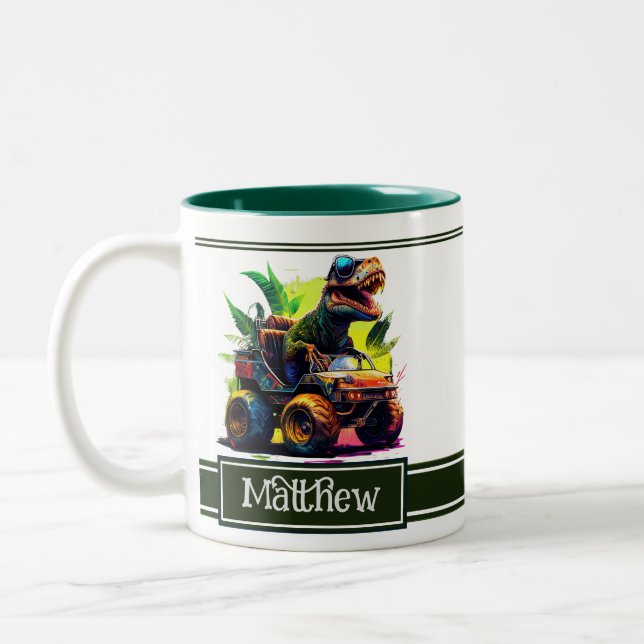 White T-Rex Riding Monster Truck Dinosaur Name Two-Tone Coffee Mug (Left)