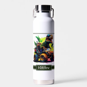 White T-Rex Riding Monster Truck Dinosaur Name Water Bottle