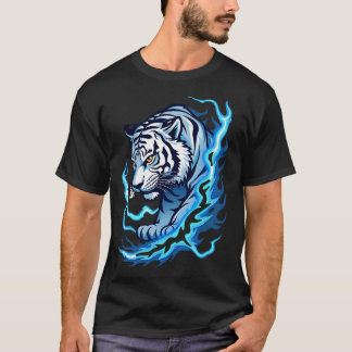 “White T-Shirt with Tiger and Blue Flames Design”