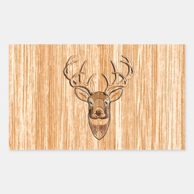 White Tail Buck Deer Head Wood Grain Style Rectangular Sticker (Front)