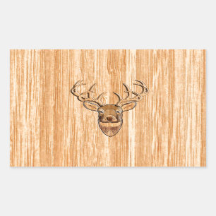 White Tail Buck Deer Head Wood Grain Style Rectangular Sticker