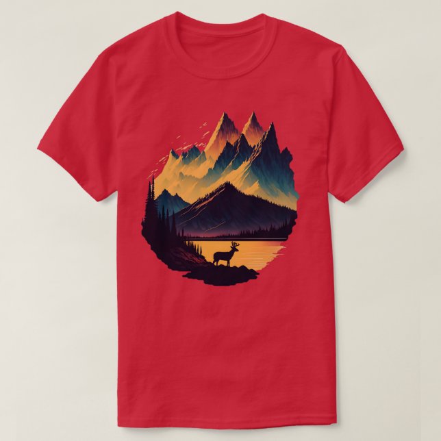 White Tail Deer Buck Sunset Mountain T-Shirt (Design Front)