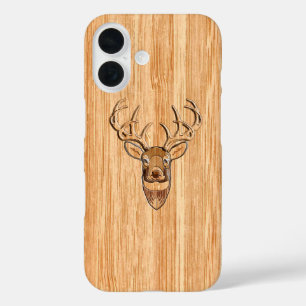 White Tail Deer Buck Wood Grain Style Design iPhone 16 Case