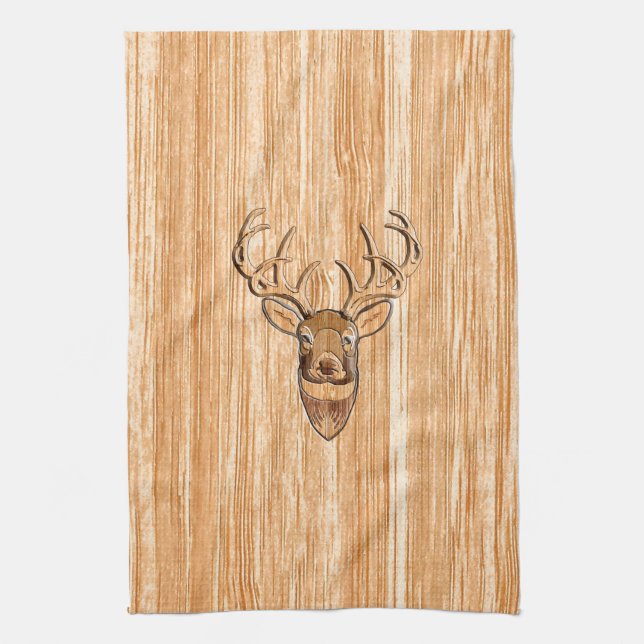 White Tail Deer Head Blond Wood Grain Style Tea Towel (Vertical)