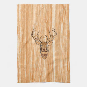White Tail Deer Head Blonde Wood Grain Style Tea Towel