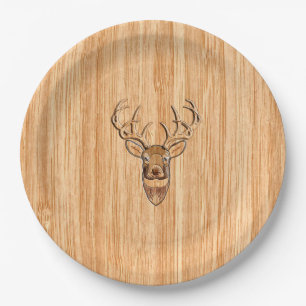 White Tail Deer Head Buck Wood Grain Style Decor Paper Plate