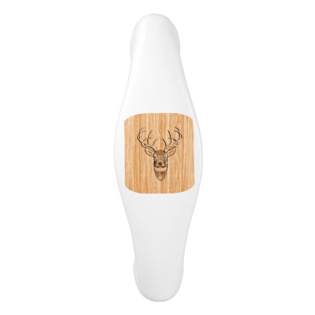 White Tail Deer Head Trophy Wood Grain Style Ceramic Cabinet Pull (Front)