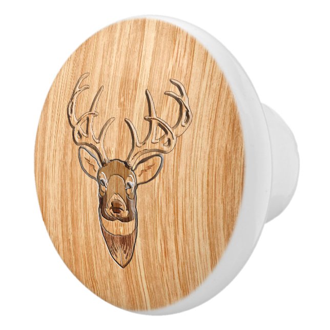 White Tail Deer Head Trophy Wood Grain Style Ceramic Knob (Right)