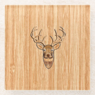 White Tail Deer Head Trophy Wood Grain Style Glass Coaster