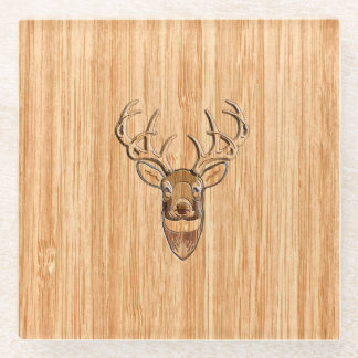 White Tail Deer Head Trophy Wood Grain Style Glass Coaster