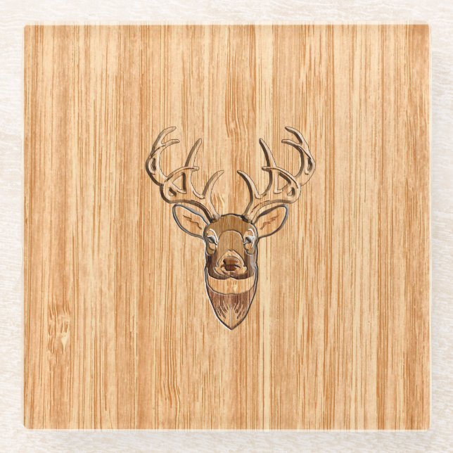 White Tail Deer Head Trophy Wood Grain Style Glass Coaster (Front)