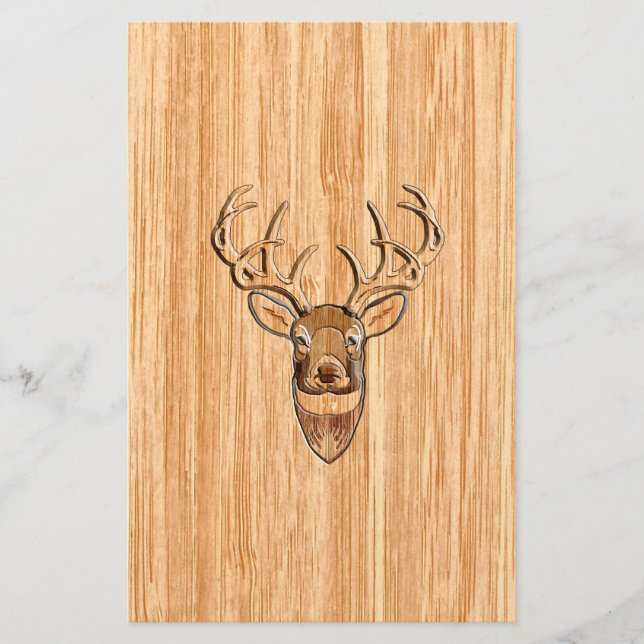 White Tail Deer Head Wood Grain Background Stationery (Front)