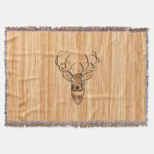 White Tail Deer Head Wood Grain Decor Throw Blanket