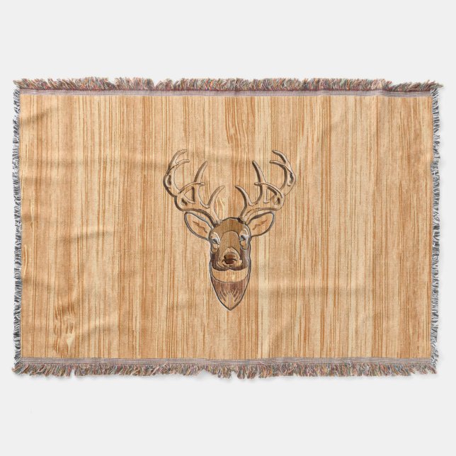 White Tail Deer Head Wood Grain Decor Throw Blanket (Front)