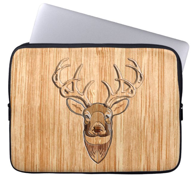 White Tail Deer Head Wood Grain Style Laptop Sleeve (Front)