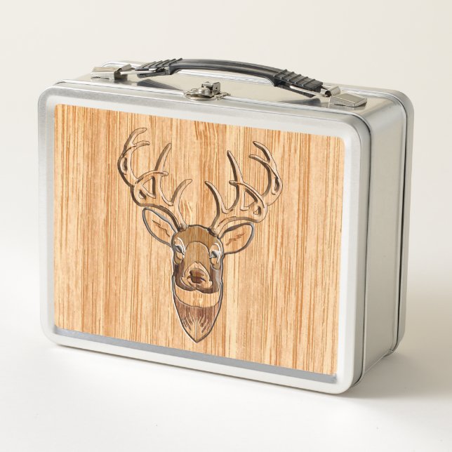 White Tail Deer Head Wood Grain Style Metal Lunch Box (Front)