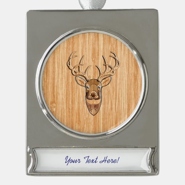 White Tail Deer Head Wood Grain Style Print Silver Plated Banner Ornament (Front)