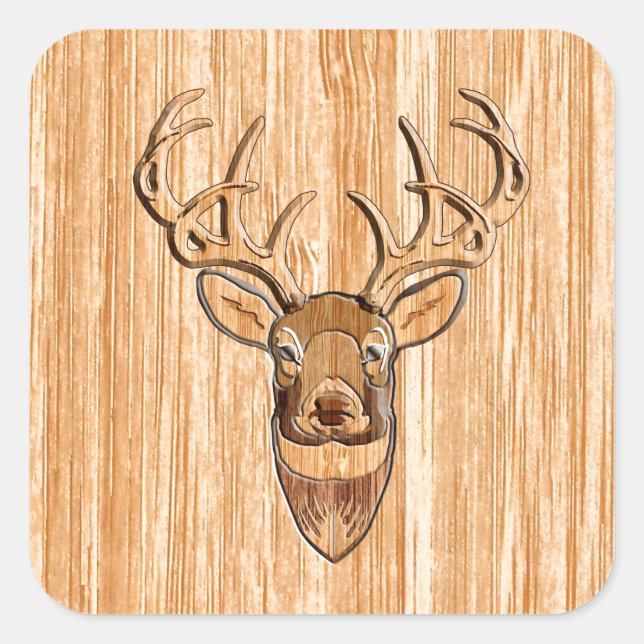 White Tail Deer Head Wood Inlay Grain Style Square Sticker (Front)