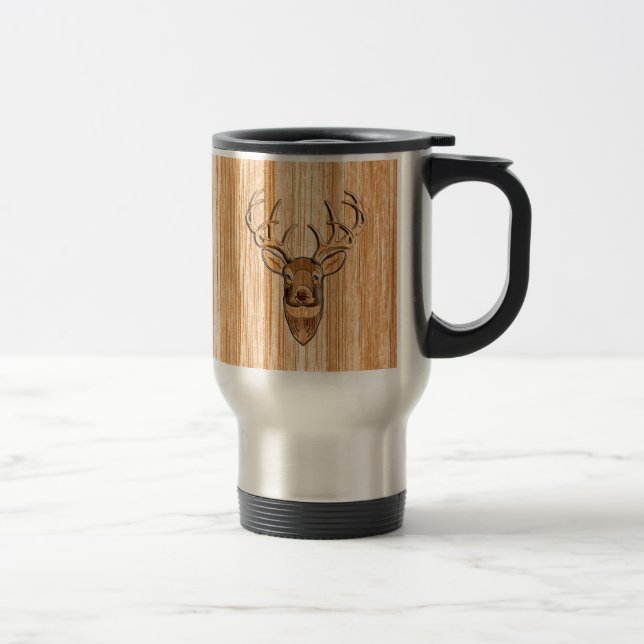 White Tail Deer Head Wood Inlay Grain Style Travel Mug (Right)