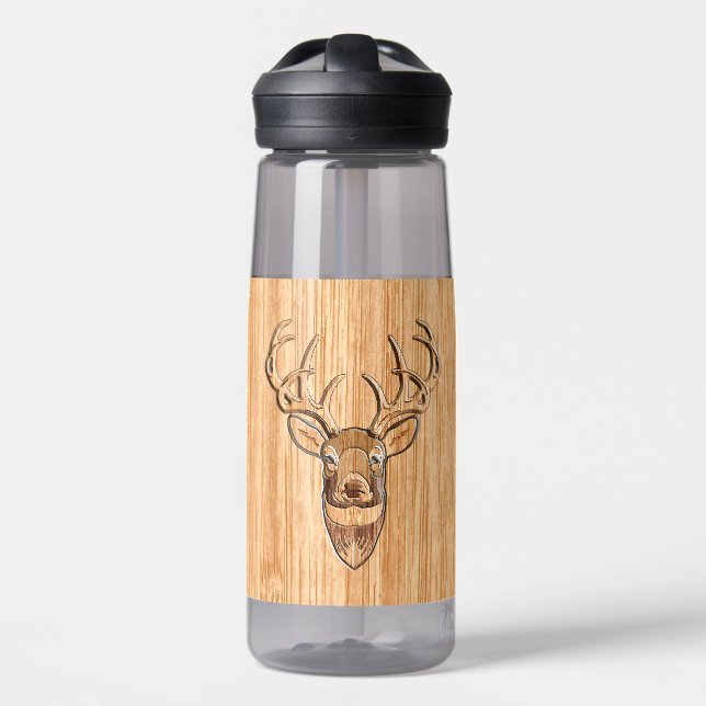 White Tail Deer Head Wood Inlay Style Water Bottle (Front)
