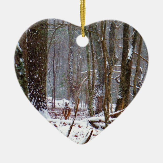 white tail deer in the snow ceramic tree decoration (Front)