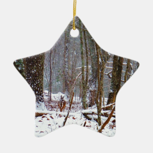 white tail deer in the snow ceramic tree decoration (Front)