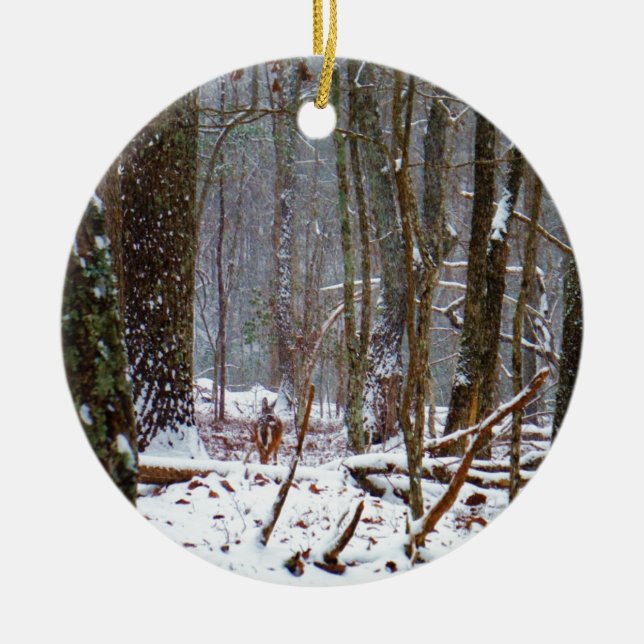 white tail deer in the snow ceramic tree decoration (Front)