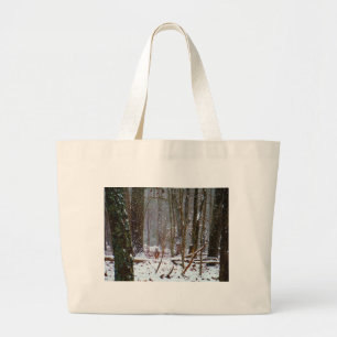 white tail deer in the snow large tote bag