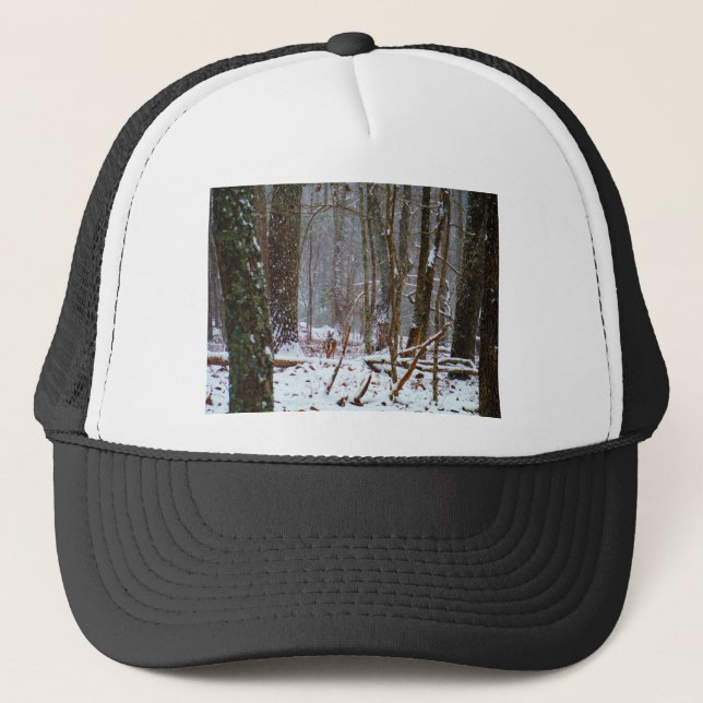 white tail deer in the snow trucker hat (Front)