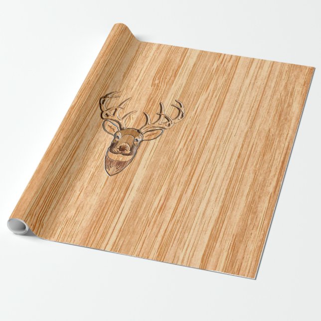 White Tail Deer Wood Grain Style Graphic Wrapping Paper (Unrolled)