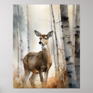 White Tail Deer Woodland Animal Art Print Poster