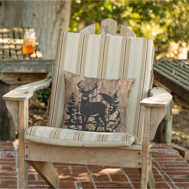 White Tailed Buck Silhouette On Faux Tree Bark Cushion (Chair)