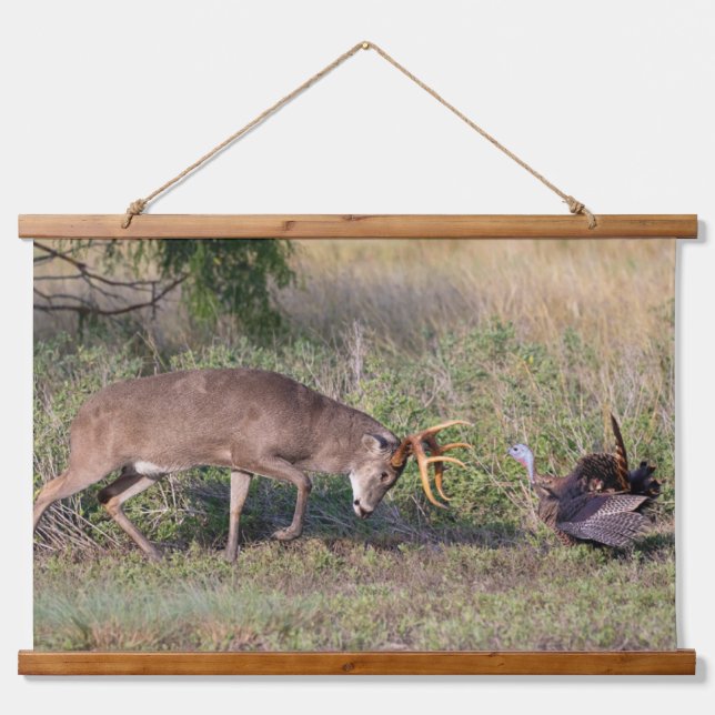 White-tailed Deer Fighting Wild Turkey Hanging Tapestry (Front)