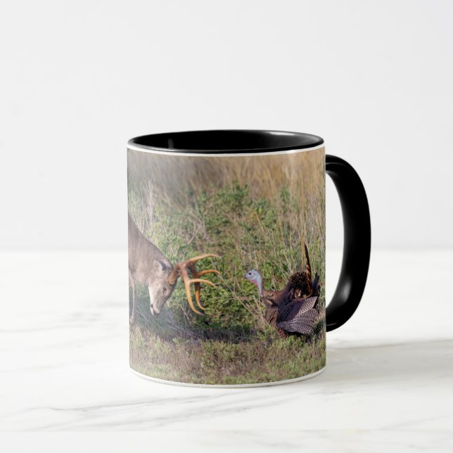 White-tailed Deer Fighting Wild Turkey Mug (Front Right)