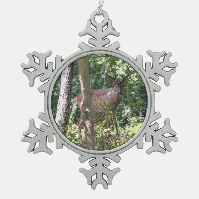White-tailed Deer Snowflake Pewter Christmas Ornament (Front)