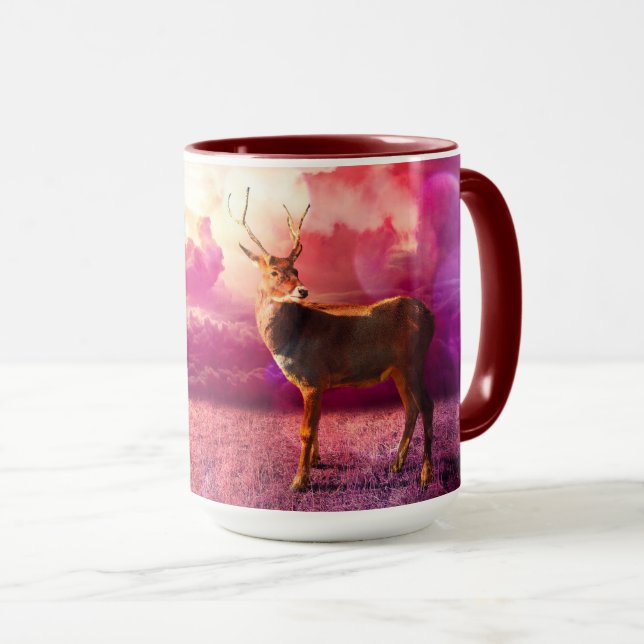 "White Tailed Deer stag in pink clouds Mug (Front Right)