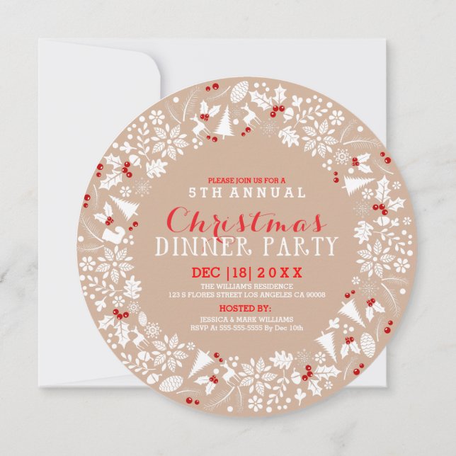 White & Tan Christmas Wreath Party Invitation (Back)