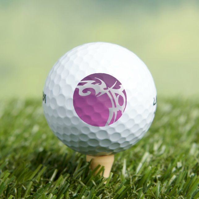White tattoo print on purple gradient golf balls (Insitu Tee)