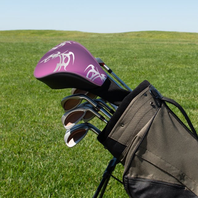 White tattoo print on purple gradient golf head cover (In Situ)