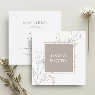 White & Taupe | Chic Floral Label Square Business Card