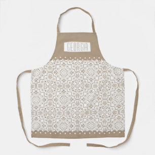 White, taupe damask pattern with scalloped borders apron