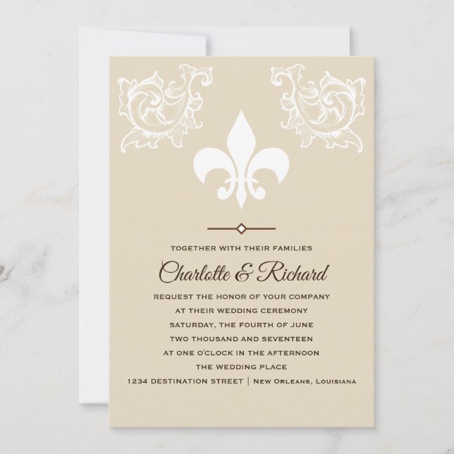 White & Taupe French Fleur De Lis Scrolls Wedding Invitation (Front)