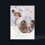 White Taupe Greenery Overlapping Photos Save The Date<br><div class="desc">Double sided save the date card in white and taupe with your initials,  overlapping photos,  and greenery with clean elegant fonts. Photo save the date card with a modern design personalised with your monogram and photos,  two on one side and one on the other.</div>