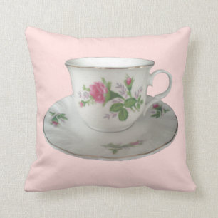 White TeaCup and Saucer and PinkRoses Pillow
