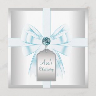 White Teal Blue Baby Baptism Christening Invitation
