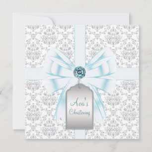 White Teal Blue Damask Baby Baptism Christening Invitation