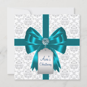 White Teal Blue Damask Baby Christening Invitation