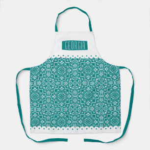 White, teal blue damask pattern scalloped borders apron