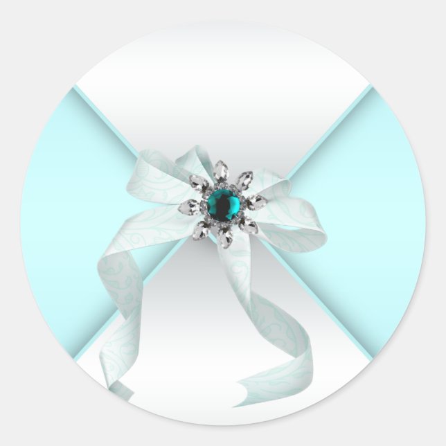 White Teal Blue Envelope Seal Party Favour Labels (Front)
